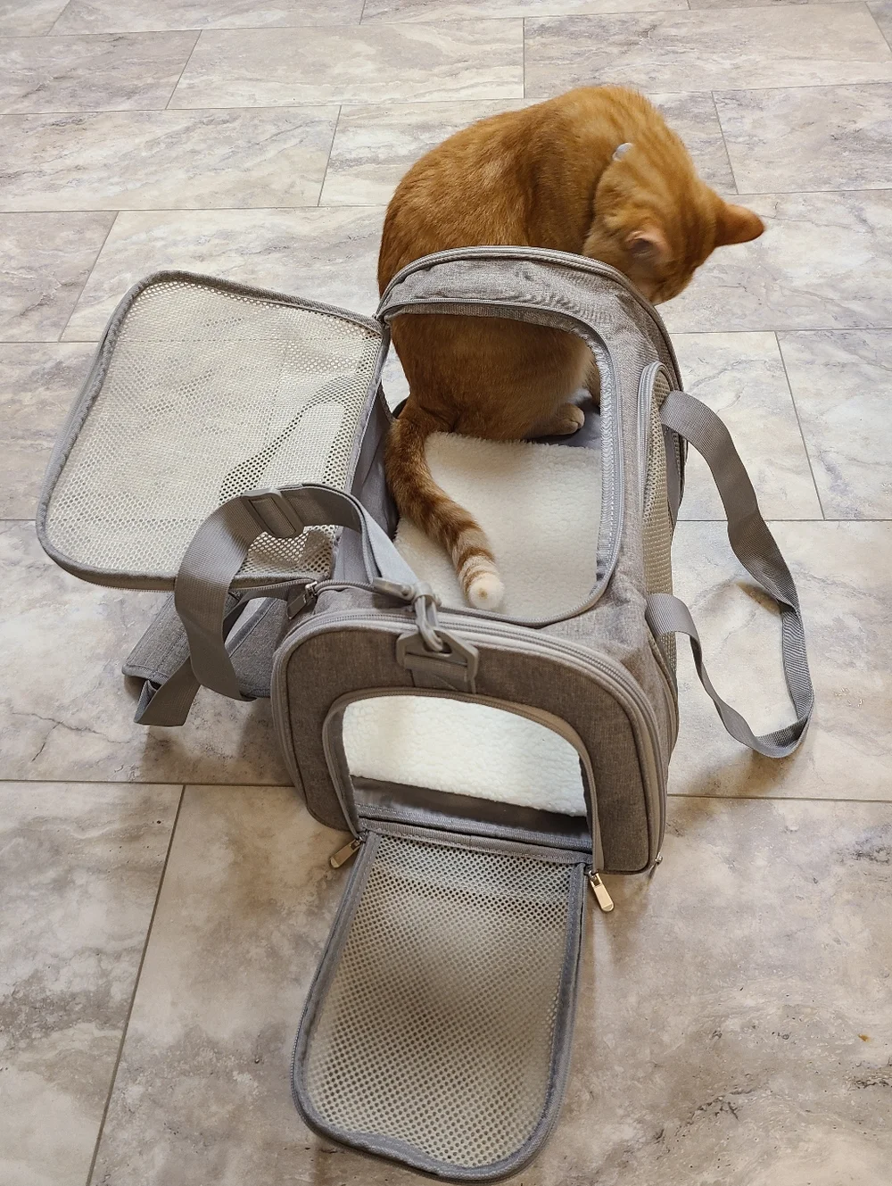 Pet Carrier Soft-Sided Gray Mesh Travel Duffle, Sherpa Pad Zippered Easy Access